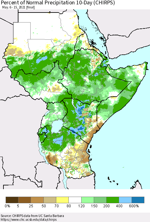Eastern Africa Percent of Normal Precipitation 10-Day (CHIRPS) Thematic Map For 5/6/2021 - 5/15/2021