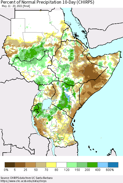 Eastern Africa Percent of Normal Precipitation 10-Day (CHIRPS) Thematic Map For 5/11/2021 - 5/20/2021