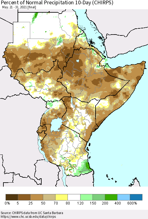 Eastern Africa Percent of Normal Precipitation 10-Day (CHIRPS) Thematic Map For 5/21/2021 - 5/31/2021