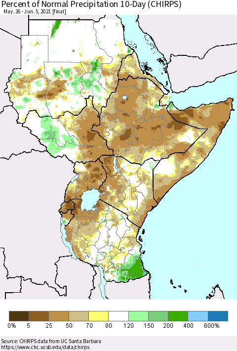 Eastern Africa Percent of Normal Precipitation 10-Day (CHIRPS) Thematic Map For 5/26/2021 - 6/5/2021