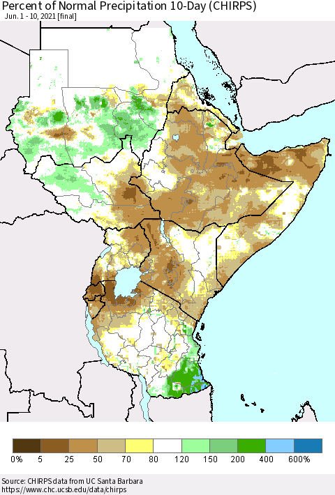 Eastern Africa Percent of Normal Precipitation 10-Day (CHIRPS) Thematic Map For 6/1/2021 - 6/10/2021