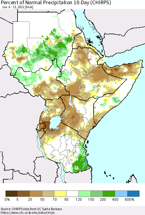 Eastern Africa Percent of Normal Precipitation 10-Day (CHIRPS) Thematic Map For 6/6/2021 - 6/15/2021