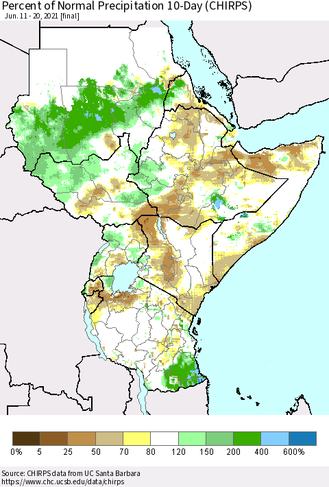 Eastern Africa Percent of Normal Precipitation 10-Day (CHIRPS) Thematic Map For 6/11/2021 - 6/20/2021