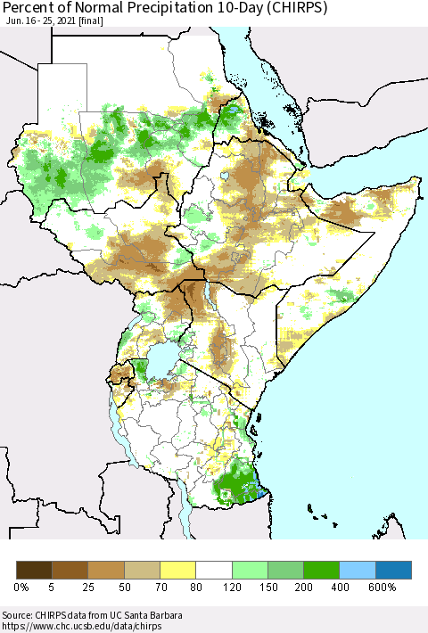 Eastern Africa Percent of Normal Precipitation 10-Day (CHIRPS) Thematic Map For 6/16/2021 - 6/25/2021