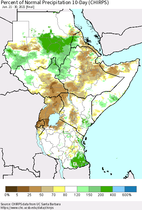 Eastern Africa Percent of Normal Precipitation 10-Day (CHIRPS) Thematic Map For 6/21/2021 - 6/30/2021