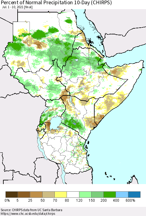 Eastern Africa Percent of Normal Precipitation 10-Day (CHIRPS) Thematic Map For 7/1/2021 - 7/10/2021