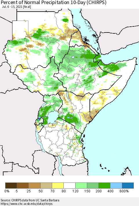 Eastern Africa Percent of Normal Precipitation 10-Day (CHIRPS) Thematic Map For 7/6/2021 - 7/15/2021