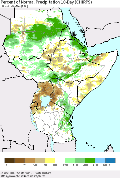 Eastern Africa Percent of Normal Precipitation 10-Day (CHIRPS) Thematic Map For 7/16/2021 - 7/25/2021