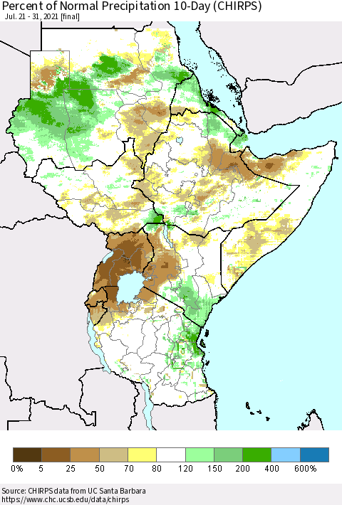 Eastern Africa Percent of Normal Precipitation 10-Day (CHIRPS) Thematic Map For 7/21/2021 - 7/31/2021