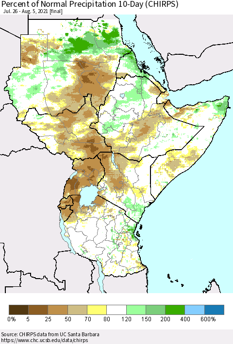 Eastern Africa Percent of Normal Precipitation 10-Day (CHIRPS) Thematic Map For 7/26/2021 - 8/5/2021
