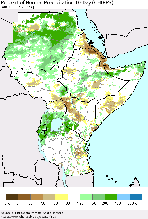 Eastern Africa Percent of Normal Precipitation 10-Day (CHIRPS) Thematic Map For 8/6/2021 - 8/15/2021
