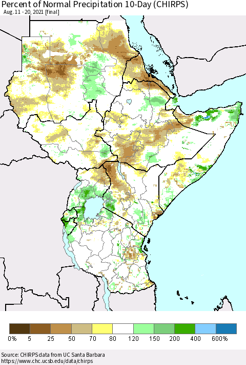 Eastern Africa Percent of Normal Precipitation 10-Day (CHIRPS) Thematic Map For 8/11/2021 - 8/20/2021