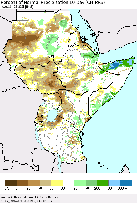 Eastern Africa Percent of Normal Precipitation 10-Day (CHIRPS) Thematic Map For 8/16/2021 - 8/25/2021