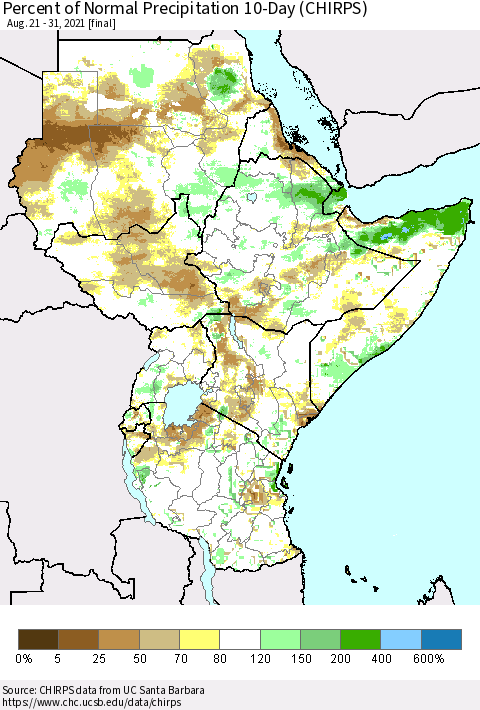 Eastern Africa Percent of Normal Precipitation 10-Day (CHIRPS) Thematic Map For 8/21/2021 - 8/31/2021
