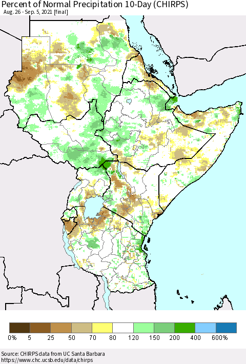 Eastern Africa Percent of Normal Precipitation 10-Day (CHIRPS) Thematic Map For 8/26/2021 - 9/5/2021