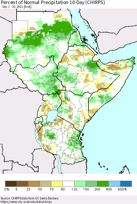 Eastern Africa Percent of Normal Precipitation 10-Day (CHIRPS) Thematic Map For 9/1/2021 - 9/10/2021