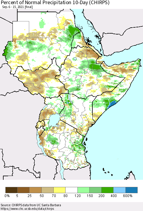 Eastern Africa Percent of Normal Precipitation 10-Day (CHIRPS) Thematic Map For 9/6/2021 - 9/15/2021