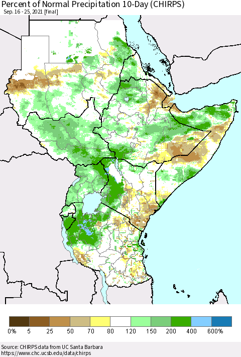 Eastern Africa Percent of Normal Precipitation 10-Day (CHIRPS) Thematic Map For 9/16/2021 - 9/25/2021