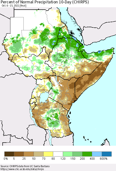 Eastern Africa Percent of Normal Precipitation 10-Day (CHIRPS) Thematic Map For 10/6/2021 - 10/15/2021