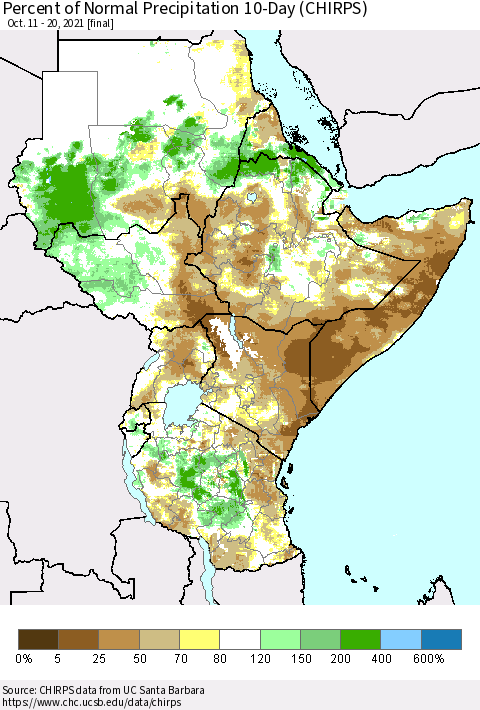 Eastern Africa Percent of Normal Precipitation 10-Day (CHIRPS) Thematic Map For 10/11/2021 - 10/20/2021