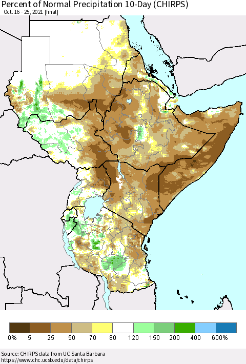 Eastern Africa Percent of Normal Precipitation 10-Day (CHIRPS) Thematic Map For 10/16/2021 - 10/25/2021