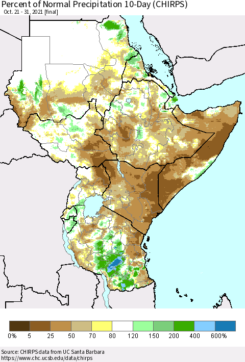 Eastern Africa Percent of Normal Precipitation 10-Day (CHIRPS) Thematic Map For 10/21/2021 - 10/31/2021