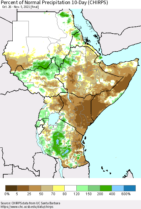 Eastern Africa Percent of Normal Precipitation 10-Day (CHIRPS) Thematic Map For 10/26/2021 - 11/5/2021