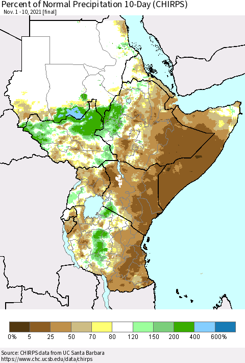 Eastern Africa Percent of Normal Precipitation 10-Day (CHIRPS) Thematic Map For 11/1/2021 - 11/10/2021