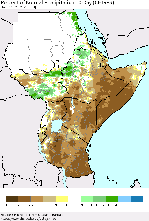 Eastern Africa Percent of Normal Precipitation 10-Day (CHIRPS) Thematic Map For 11/11/2021 - 11/20/2021