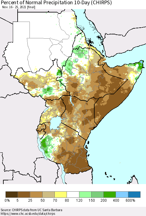Eastern Africa Percent of Normal Precipitation 10-Day (CHIRPS) Thematic Map For 11/16/2021 - 11/25/2021