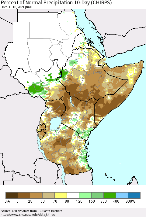 Eastern Africa Percent of Normal Precipitation 10-Day (CHIRPS) Thematic Map For 12/1/2021 - 12/10/2021