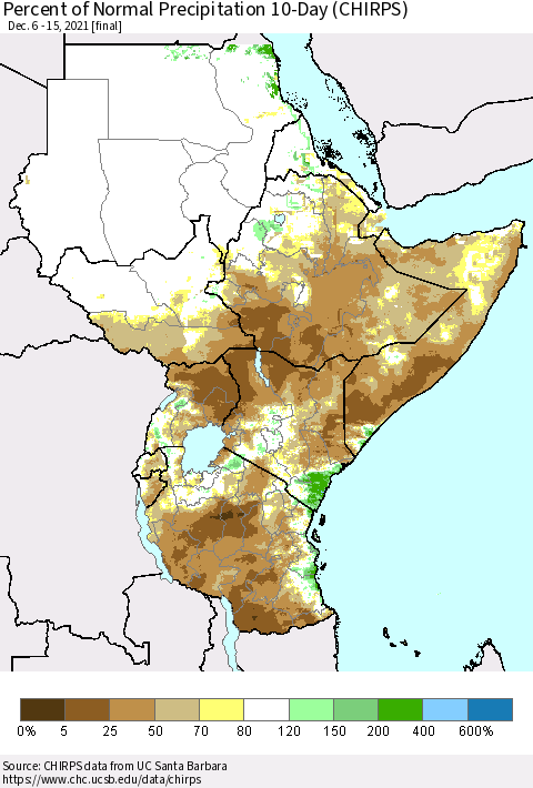 Eastern Africa Percent of Normal Precipitation 10-Day (CHIRPS) Thematic Map For 12/6/2021 - 12/15/2021
