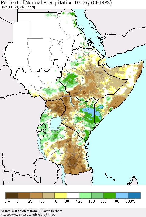 Eastern Africa Percent of Normal Precipitation 10-Day (CHIRPS) Thematic Map For 12/11/2021 - 12/20/2021