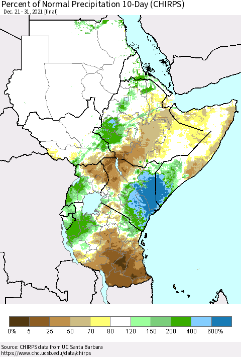 Eastern Africa Percent of Normal Precipitation 10-Day (CHIRPS) Thematic Map For 12/21/2021 - 12/31/2021