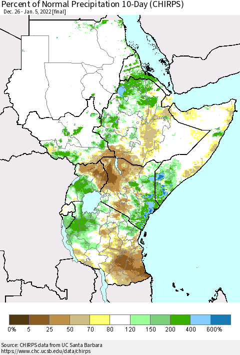 Eastern Africa Percent of Normal Precipitation 10-Day (CHIRPS) Thematic Map For 12/26/2021 - 1/5/2022