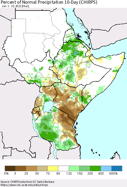 Eastern Africa Percent of Normal Precipitation 10-Day (CHIRPS) Thematic Map For 1/1/2022 - 1/10/2022
