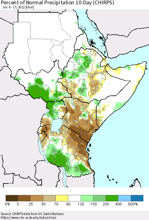 Eastern Africa Percent of Normal Precipitation 10-Day (CHIRPS) Thematic Map For 1/6/2022 - 1/15/2022