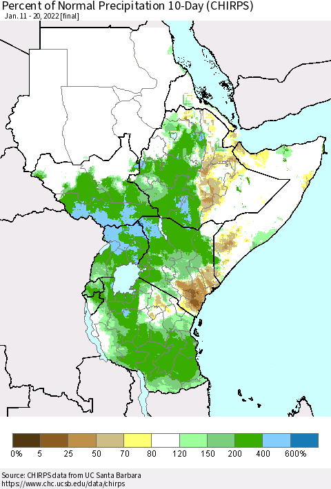 Eastern Africa Percent of Normal Precipitation 10-Day (CHIRPS) Thematic Map For 1/11/2022 - 1/20/2022