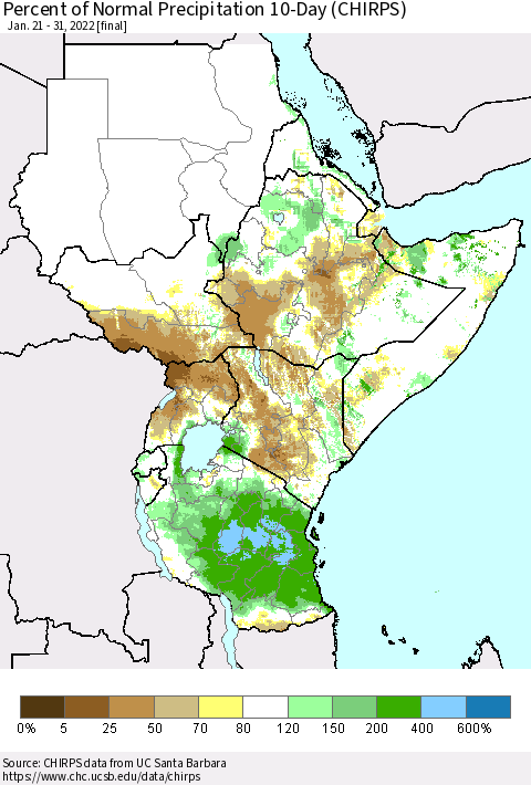 Eastern Africa Percent of Normal Precipitation 10-Day (CHIRPS) Thematic Map For 1/21/2022 - 1/31/2022