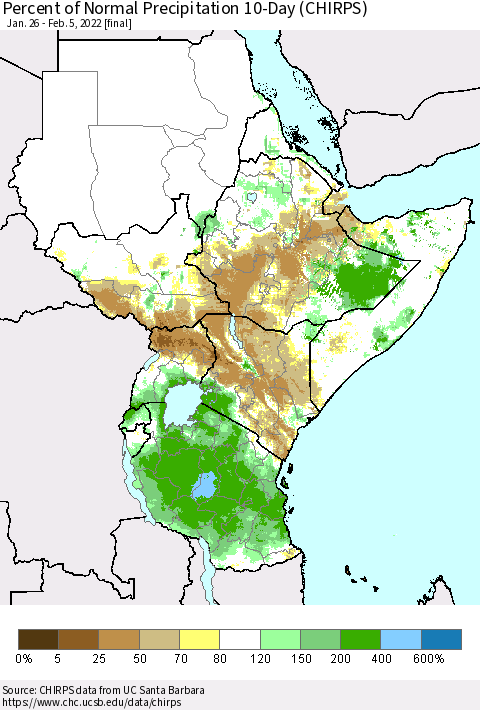 Eastern Africa Percent of Normal Precipitation 10-Day (CHIRPS) Thematic Map For 1/26/2022 - 2/5/2022