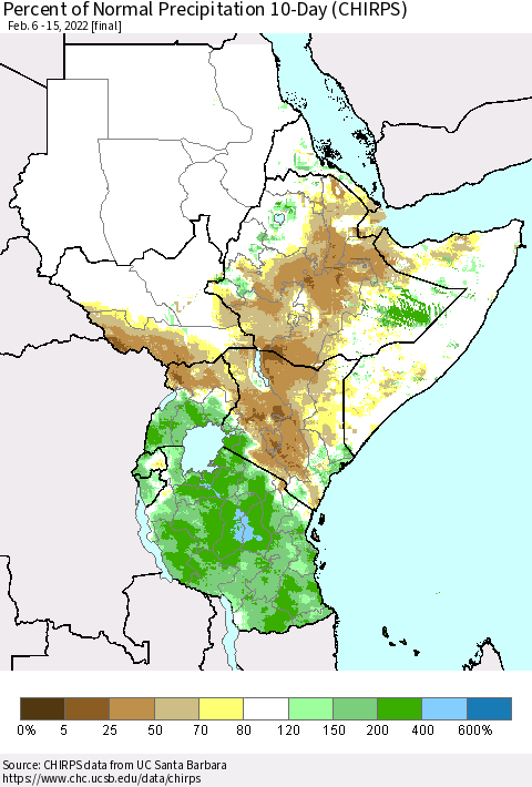Eastern Africa Percent of Normal Precipitation 10-Day (CHIRPS) Thematic Map For 2/6/2022 - 2/15/2022
