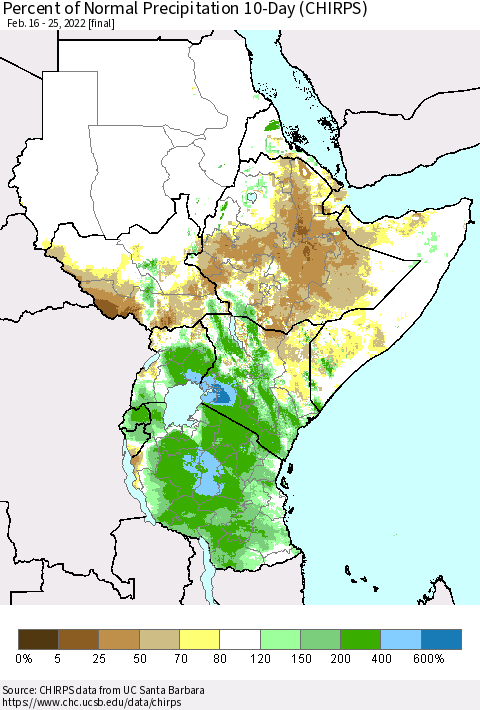Eastern Africa Percent of Normal Precipitation 10-Day (CHIRPS) Thematic Map For 2/16/2022 - 2/25/2022