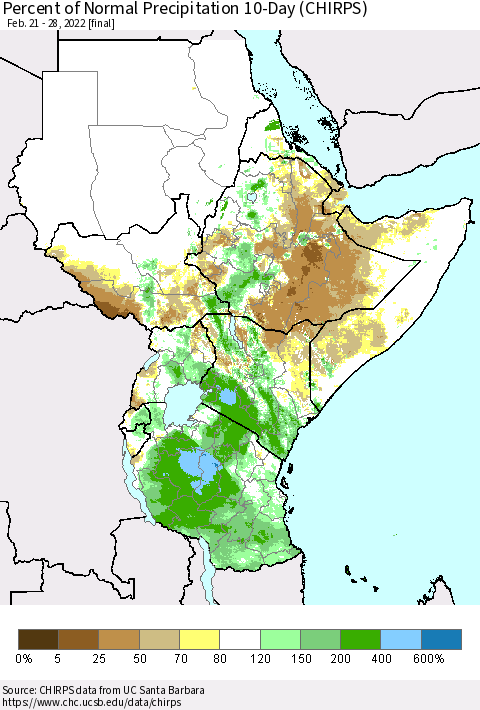 Eastern Africa Percent of Normal Precipitation 10-Day (CHIRPS) Thematic Map For 2/21/2022 - 2/28/2022