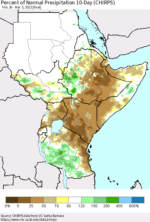 Eastern Africa Percent of Normal Precipitation 10-Day (CHIRPS) Thematic Map For 2/26/2022 - 3/5/2022