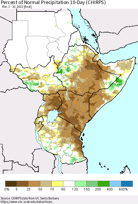 Eastern Africa Percent of Normal Precipitation 10-Day (CHIRPS) Thematic Map For 3/1/2022 - 3/10/2022