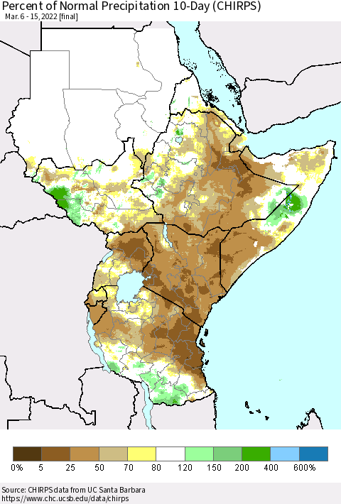 Eastern Africa Percent of Normal Precipitation 10-Day (CHIRPS) Thematic Map For 3/6/2022 - 3/15/2022