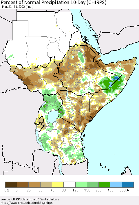 Eastern Africa Percent of Normal Precipitation 10-Day (CHIRPS) Thematic Map For 3/21/2022 - 3/31/2022