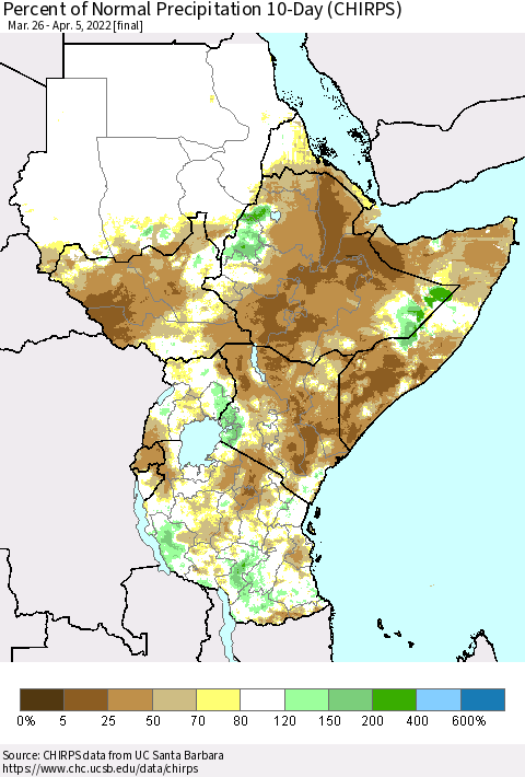 Eastern Africa Percent of Normal Precipitation 10-Day (CHIRPS) Thematic Map For 3/26/2022 - 4/5/2022