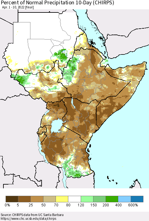 Eastern Africa Percent of Normal Precipitation 10-Day (CHIRPS) Thematic Map For 4/1/2022 - 4/10/2022