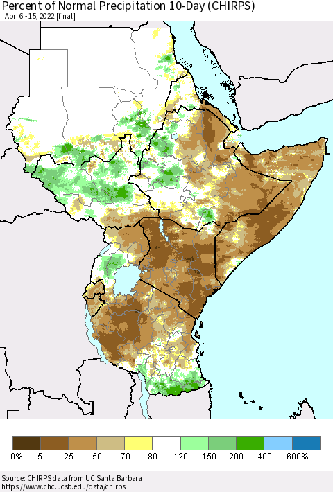 Eastern Africa Percent of Normal Precipitation 10-Day (CHIRPS) Thematic Map For 4/6/2022 - 4/15/2022